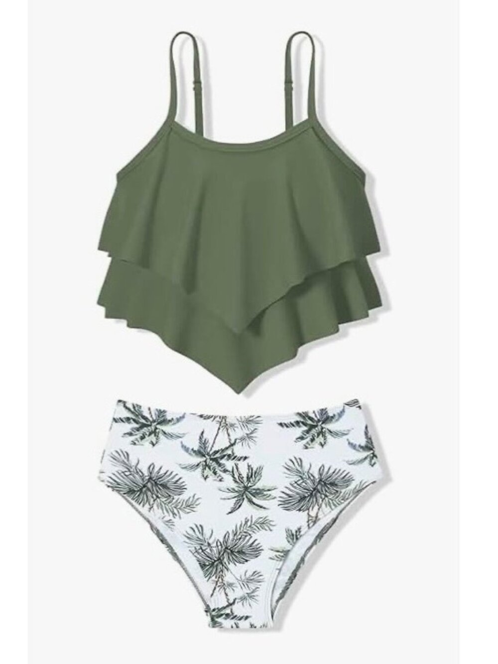 Girls Two-Piece Swimsuit Tiered Ruffled Top Palm Print Bottoms Size 11 Years